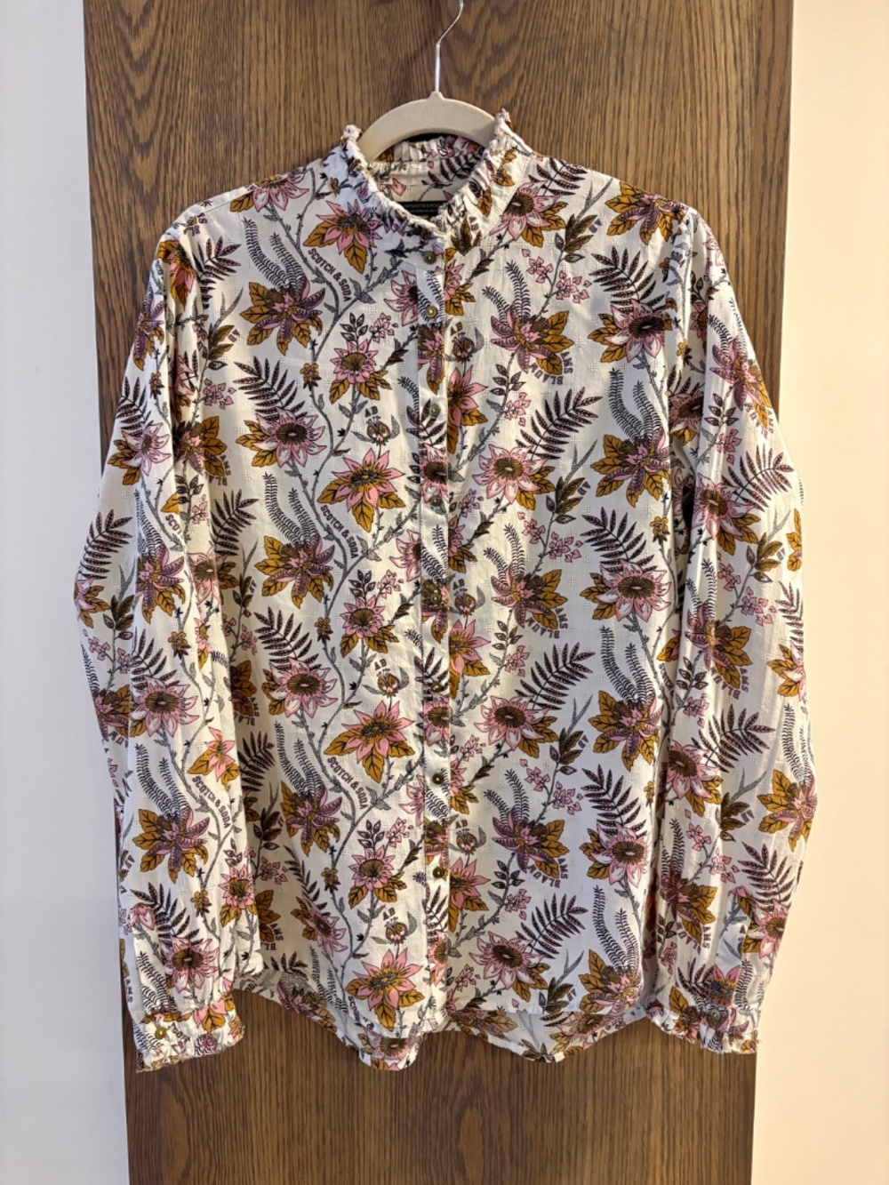 Scotch & Soda Amsterdams Blauw Floral Ruffle Collar Button Down Blouse L
